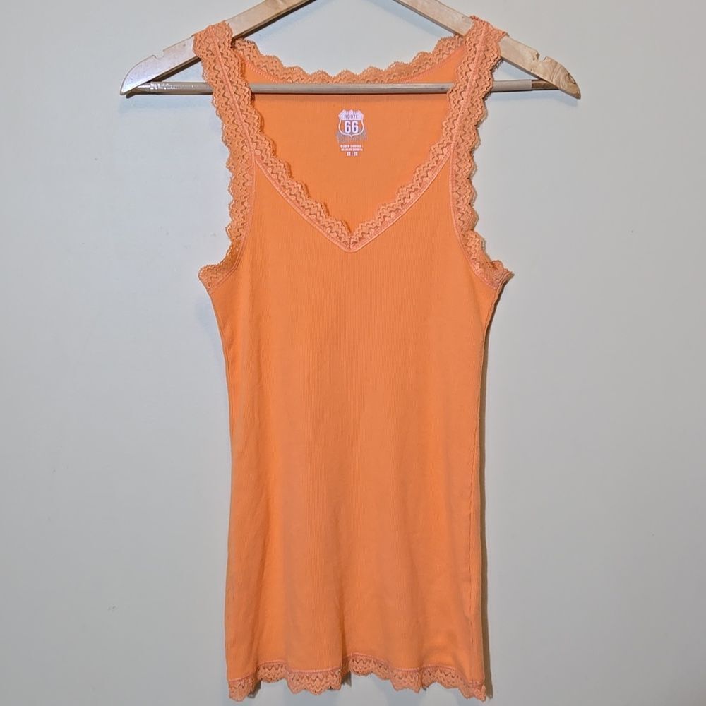 Route 66 Orange Y2K‎ Ribbed Lace Trim Tank Top Size XS